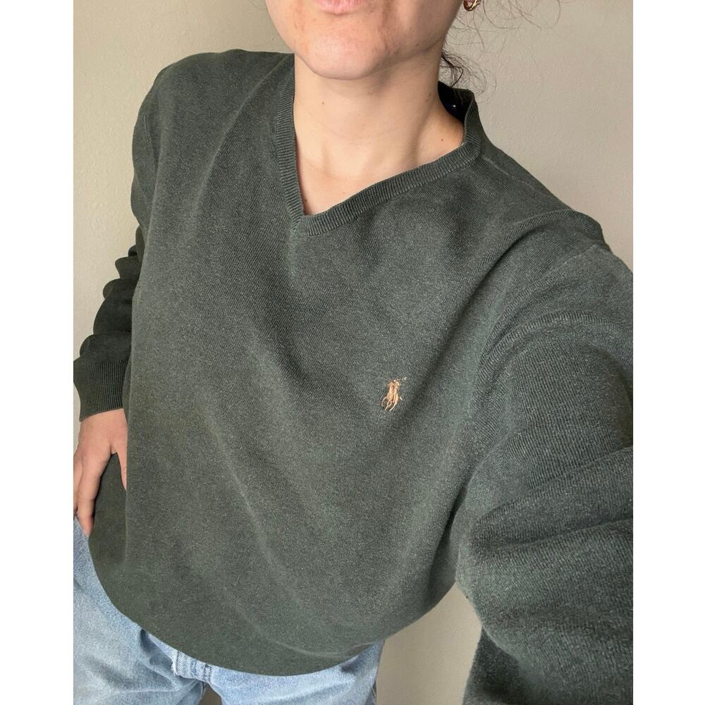 Polo Ralph Lauren olive V-Neck Sweater Preppy Collegiate fisherman fall coastal